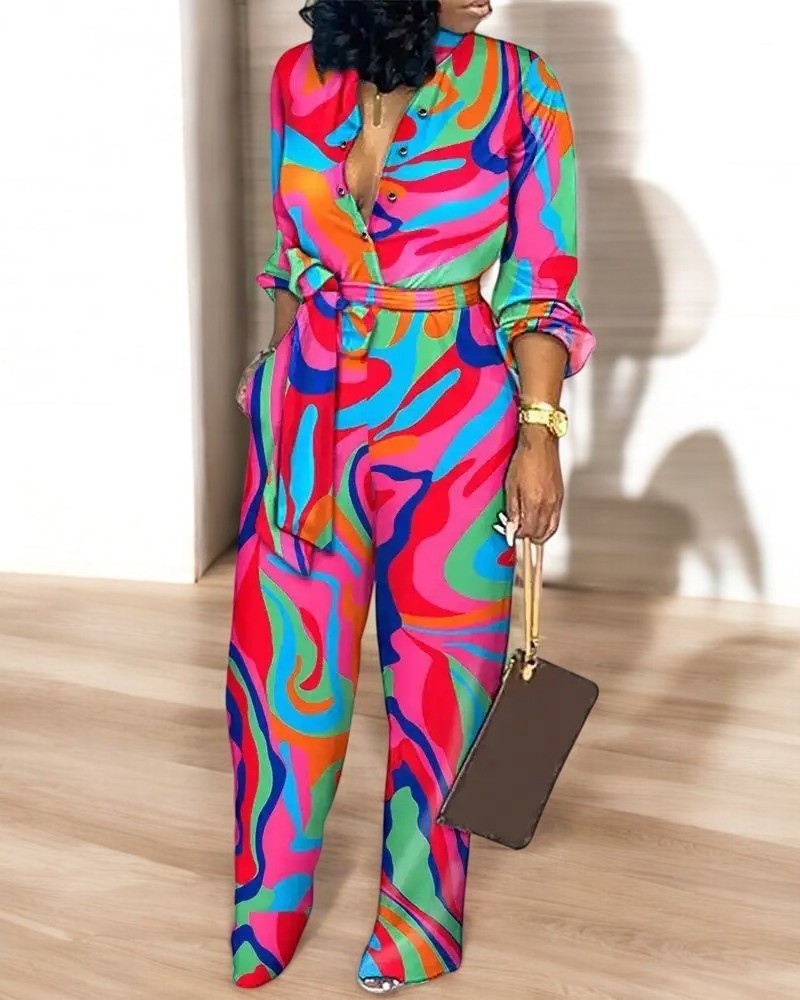 Fashion Print V-hals Jumpsuit med høy midje