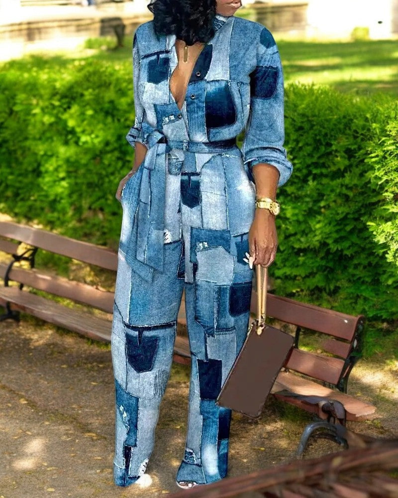 Fashion Print V-hals Jumpsuit med høy midje