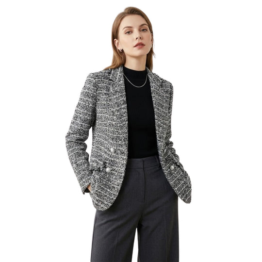 Kvinnens Skreddersydde Blazer i Tweed Stoff med Dobbelspent Design