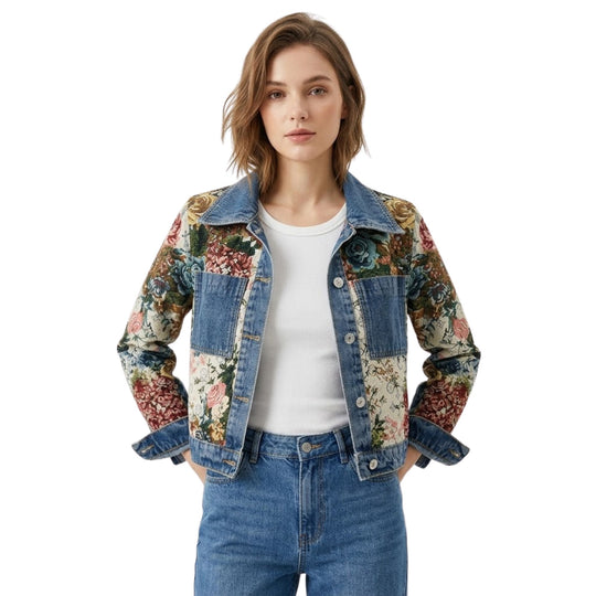 Kvinners Denim Stil jakke Boho med Floral Patchwork
