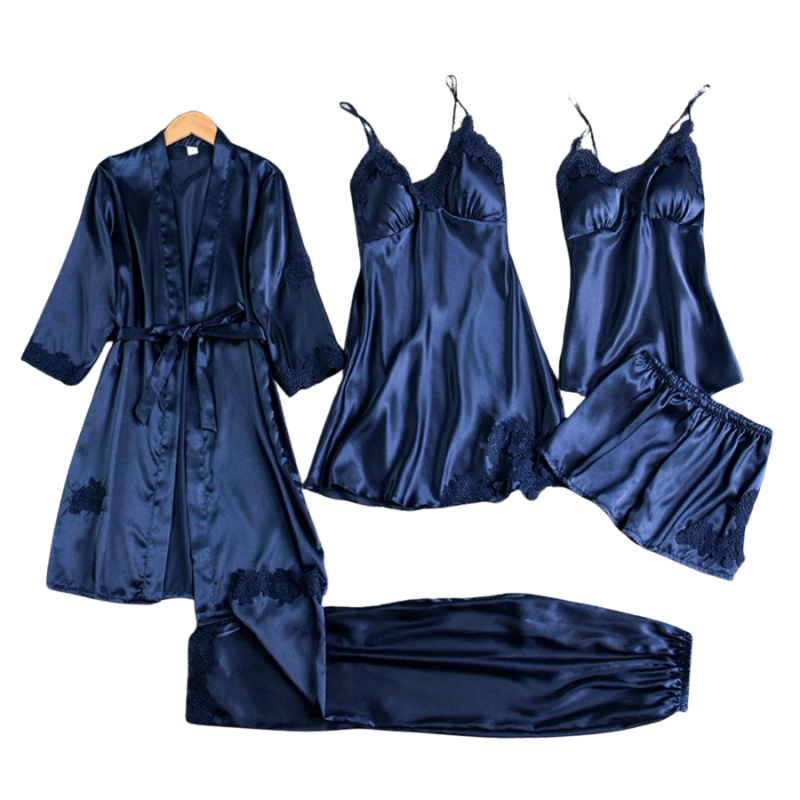 5-i-1 nattøysett i satengstil | Nattkjole og pysjamas i satengstil | Luksuriøst nattøy for kvinner 5