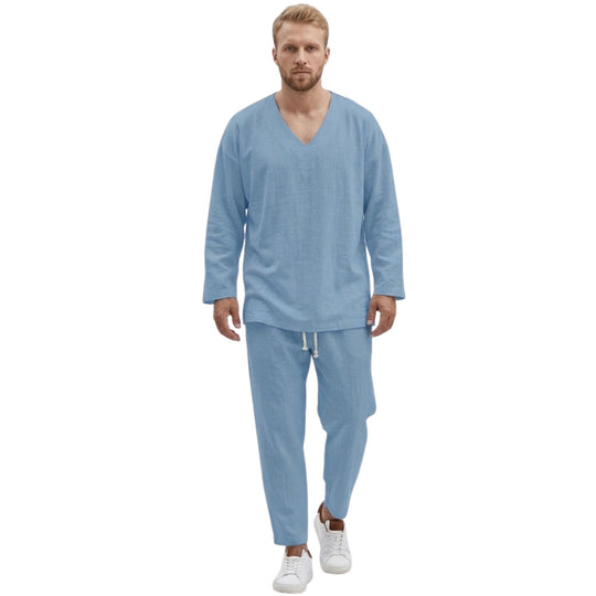 Herre Loungewear Sett med V-Hals og Avslappede Bukser