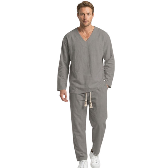 Herre Loungewear Sett med V-Hals og Avslappede Bukser