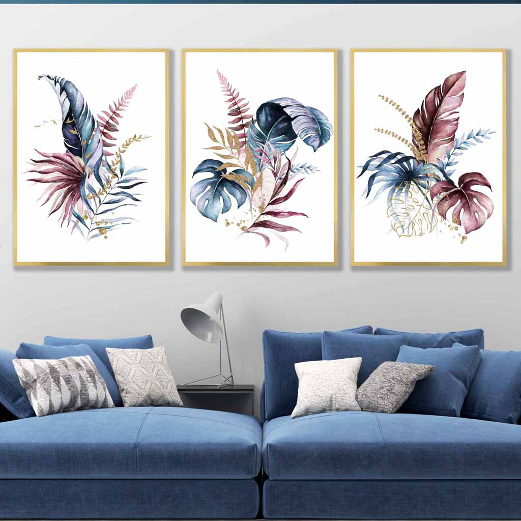 Botanisk Veggkunst Triptyk med Rosa og Blå Blomster 5