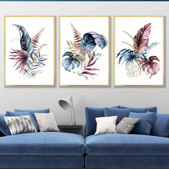 Botanisk Veggkunst Triptyk med Rosa og Blå Blomster 5