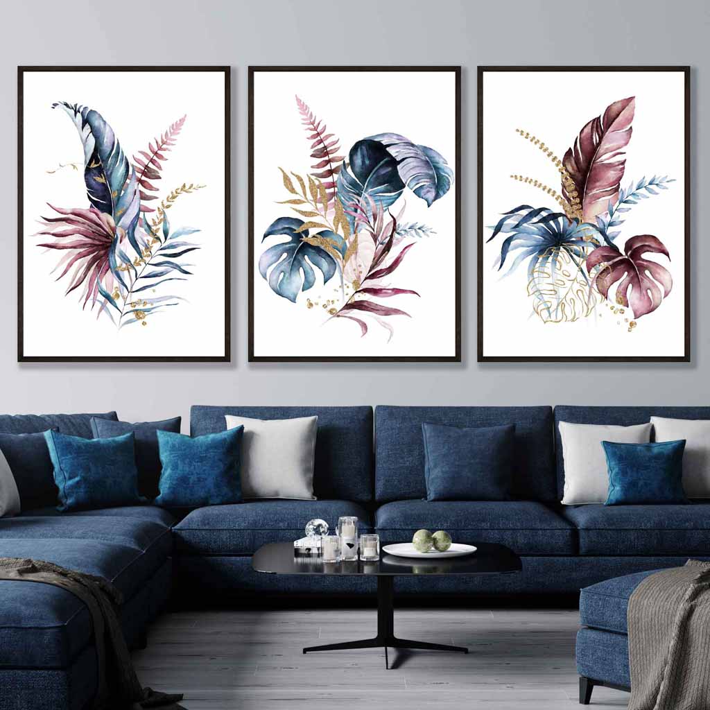 Botanisk Veggkunst Triptyk med Rosa og Blå Blomster 6