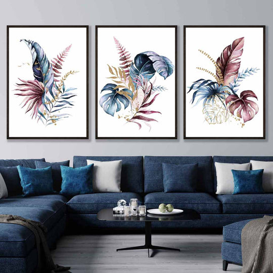 Botanisk Veggkunst Triptyk med Rosa og Blå Blomster 6