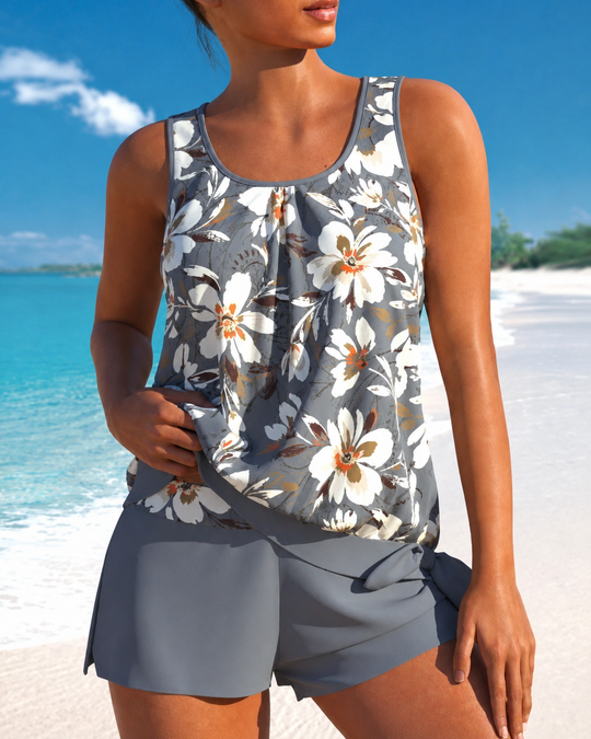 Damer Tankini Sett Uten Ermer Blomsterdesign Pustende Stoff