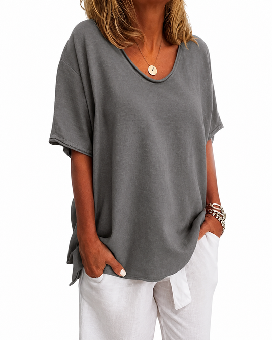 Dame Lett Bluse med V-hals og Korte Ermer