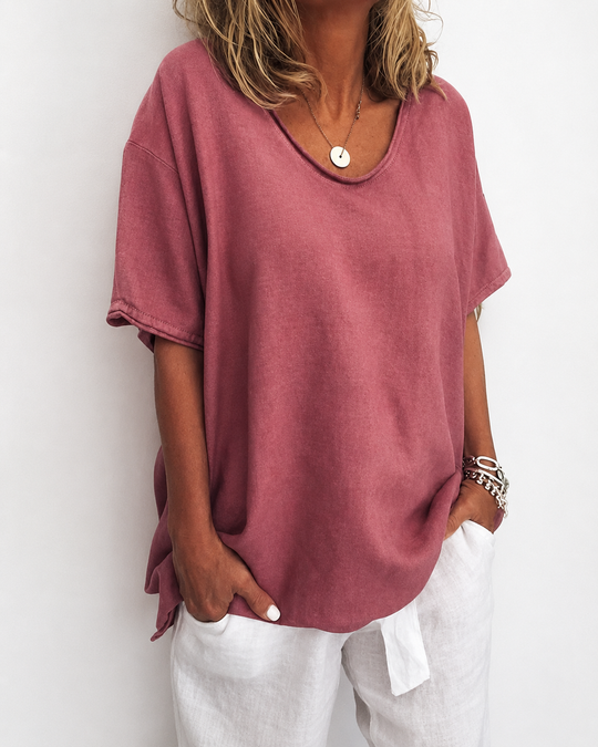 Dame Lett Bluse med V-hals og Korte Ermer