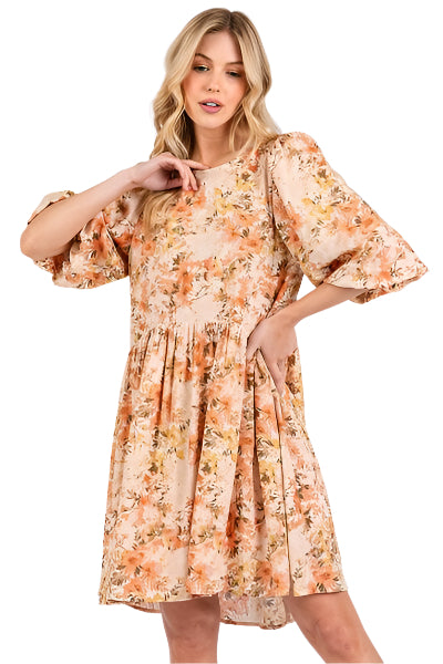 Dame Babydoll Mini Kjole Blomstertrykk Linblanding 0