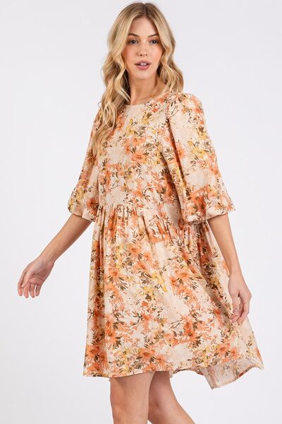 Dame Babydoll Mini Kjole Blomstertrykk Linblanding 1