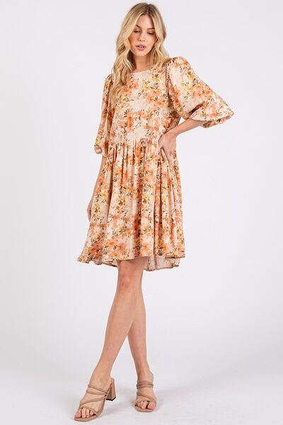 Dame Babydoll Mini Kjole Blomstertrykk Linblanding 3