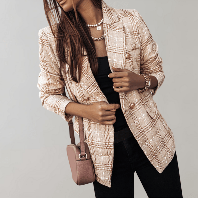Dame Blazer Rutete Klassisk Stil Høykvalitets Stoff 2