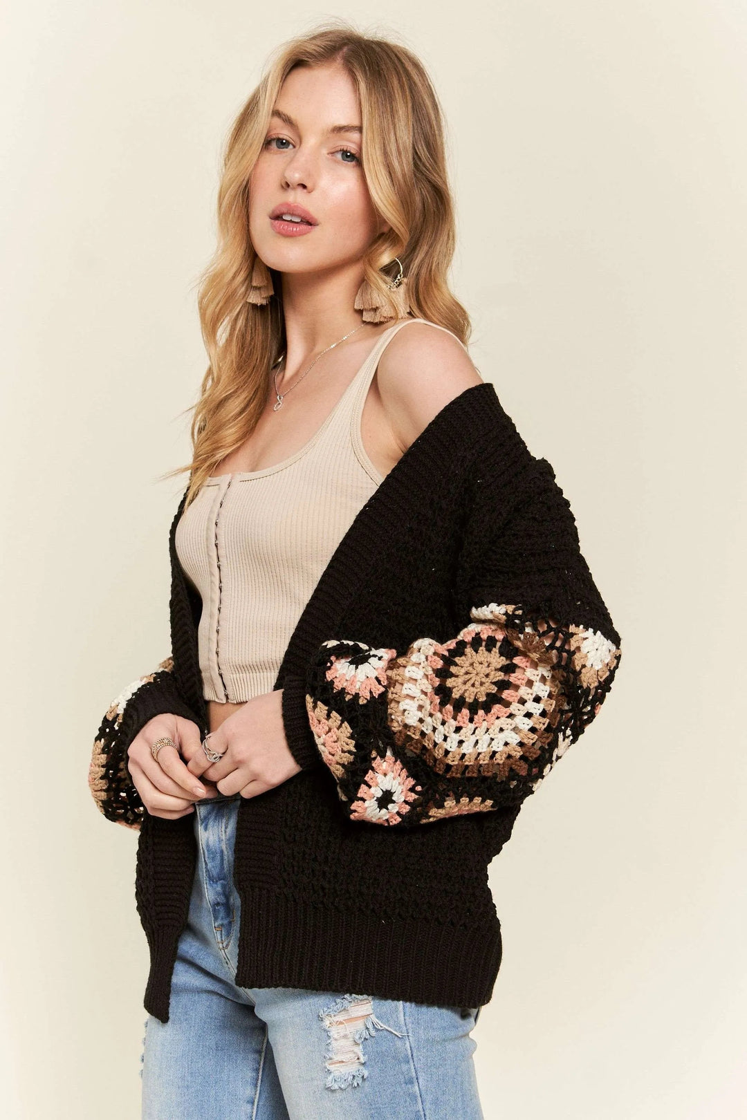 Dame Cardigan Heklet Flerfargede Ermer Polyester 3