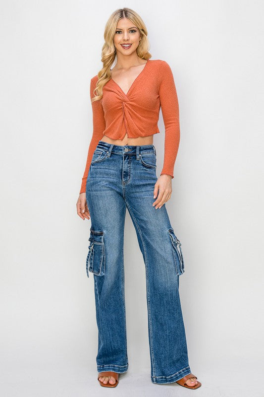 Dame Cargobukse Høy Midje Bred Denim 5