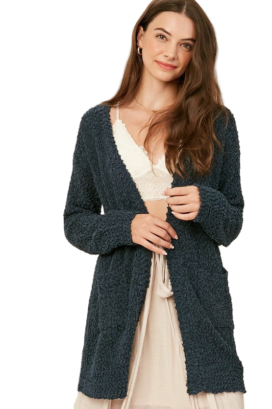 Dame Chunky Åpen Cardigan med Popcorn Tekstur 0
