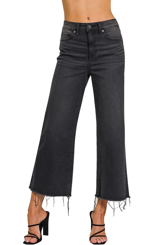 Dame Cropped Jeans Høy Midje Vasket Svart 0