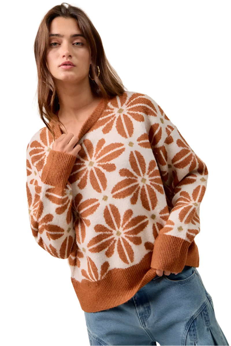 Dame Genser Langermet V-Hals Akrylblanding Blomsterdesign 0