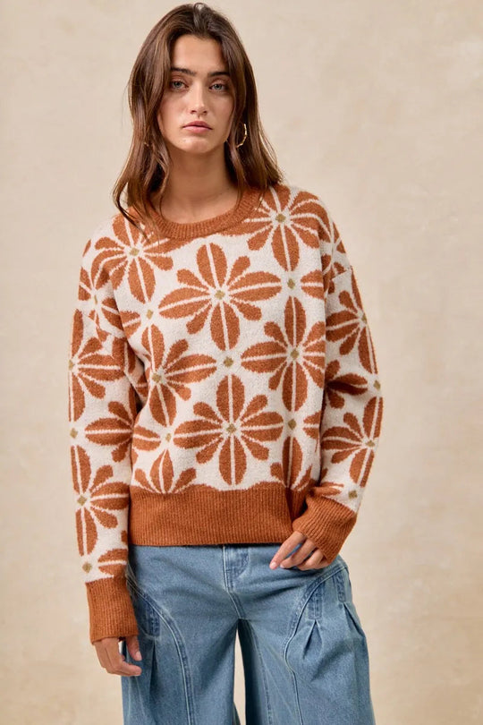 Dame Genser Langermet V-Hals Akrylblanding Blomsterdesign 1