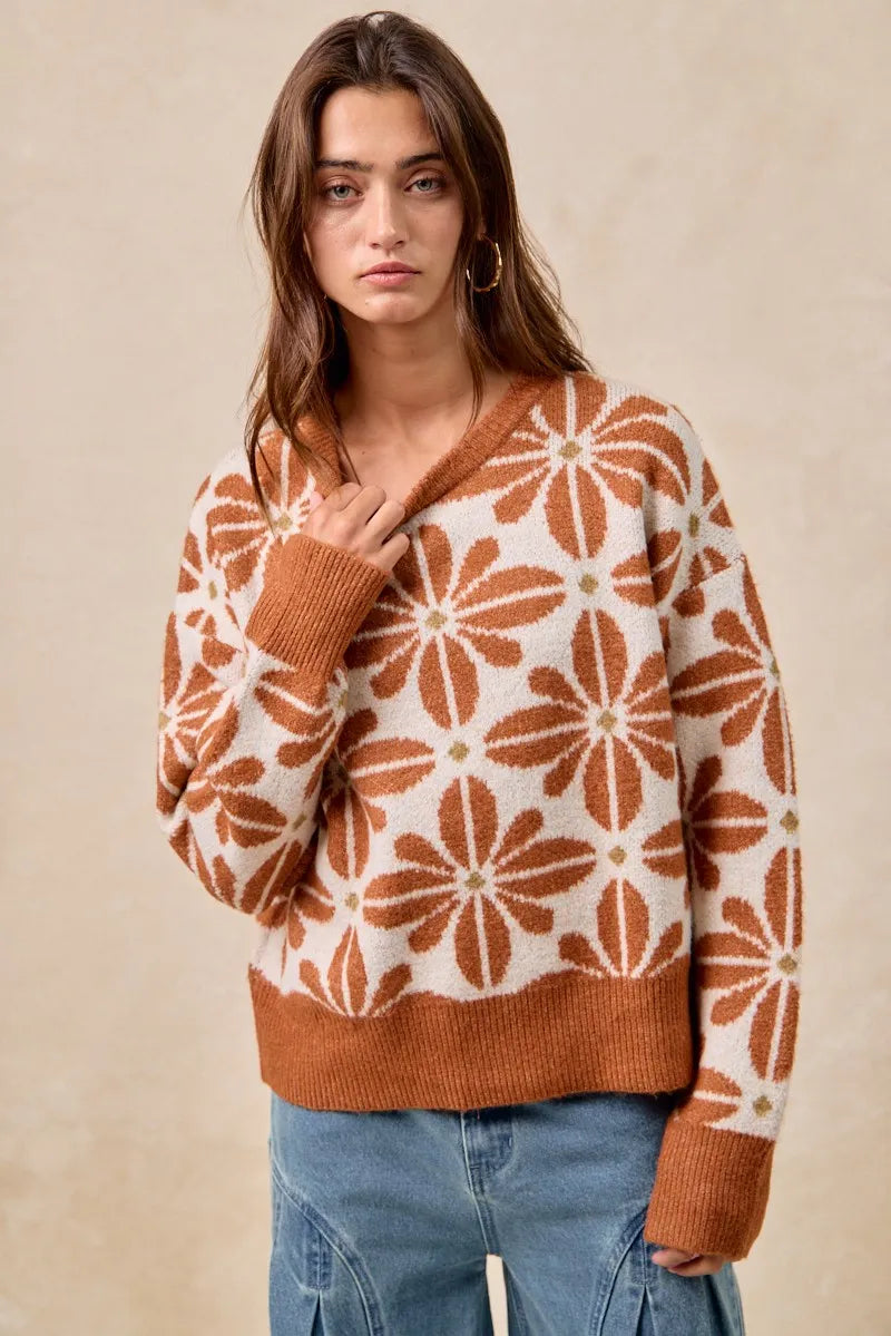 Dame Genser Langermet V-Hals Akrylblanding Blomsterdesign 2