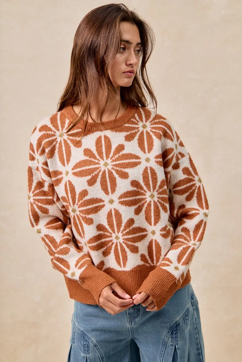 Dame Genser Langermet V-Hals Akrylblanding Blomsterdesign 4