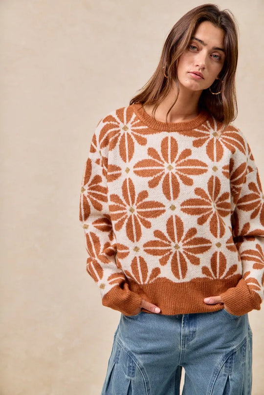 Dame Genser Langermet V-Hals Akrylblanding Blomsterdesign 5