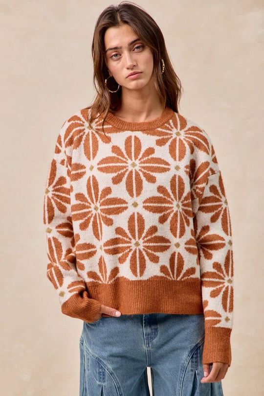 Dame Genser Langermet V-Hals Akrylblanding Blomsterdesign 6