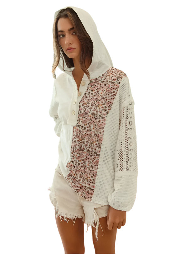 Dame Hoodie Top Med Blonde Detaljer Og Knapper Slub Jersey 0