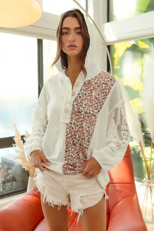 Dame Hoodie Top Med Blonde Detaljer Og Knapper Slub Jersey 1