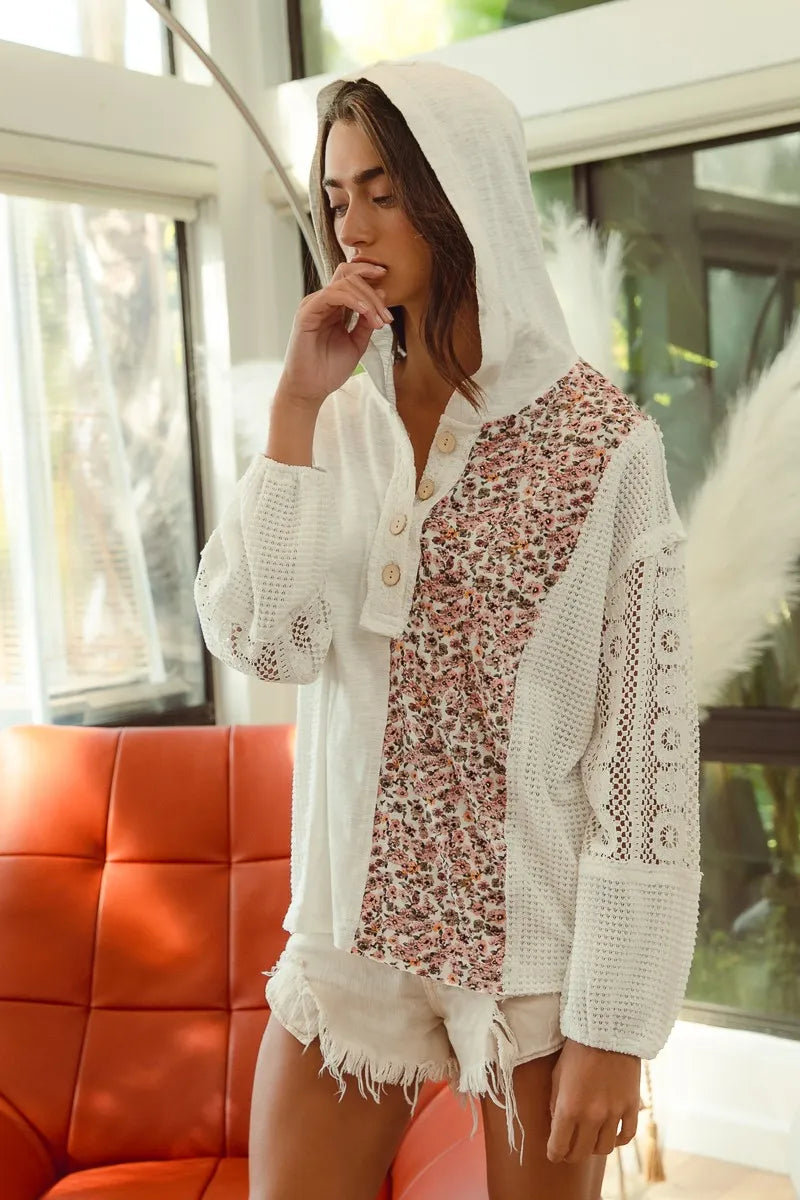 Dame Hoodie Top Med Blonde Detaljer Og Knapper Slub Jersey 4
