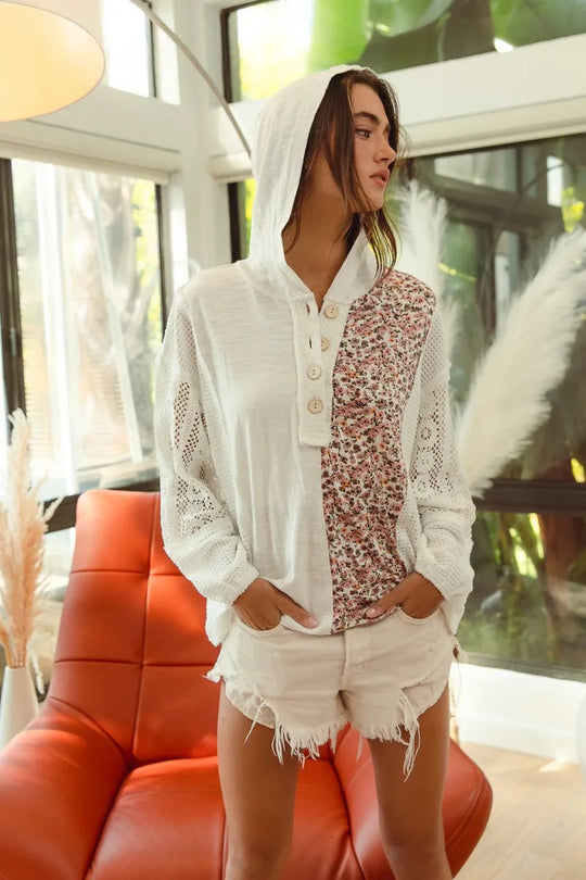 Dame Hoodie Top Med Blonde Detaljer Og Knapper Slub Jersey 5
