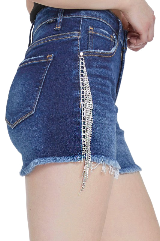 Dame Høyt Liv Shortser Med Frynser Og Rhinestone Detaljer 0