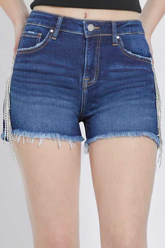 Dame Høyt Liv Shortser Med Frynser Og Rhinestone Detaljer 1