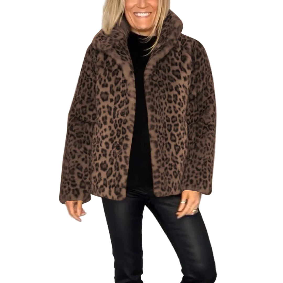 Dame Kåpe Oversized Fuskepels med Leopardmønster 0