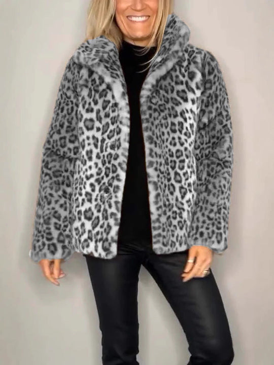 Dame Kåpe Oversized Fuskepels med Leopardmønster 4