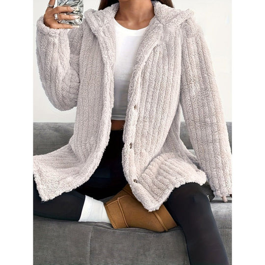 Dame Kåpe Oversized med Hette og Knapper, Ribbet Vinterkåpe 1