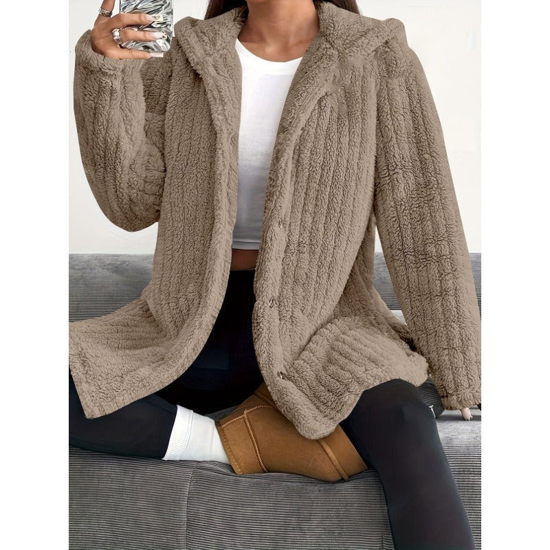 Dame Kåpe Oversized med Hette og Knapper, Ribbet Vinterkåpe 4