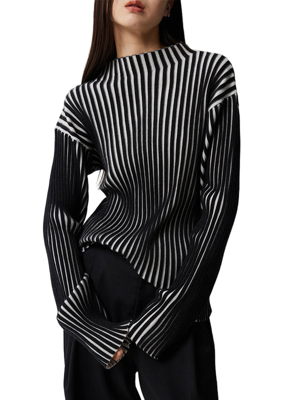 Dame Langermet Strikket Stil Topp med Stativ Krage 0