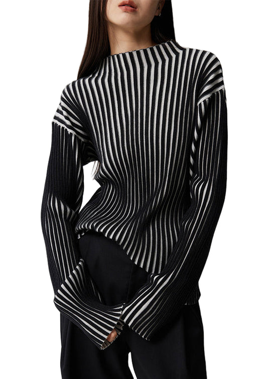 Dame Langermet Strikket Stil Topp med Stativ Krage 0