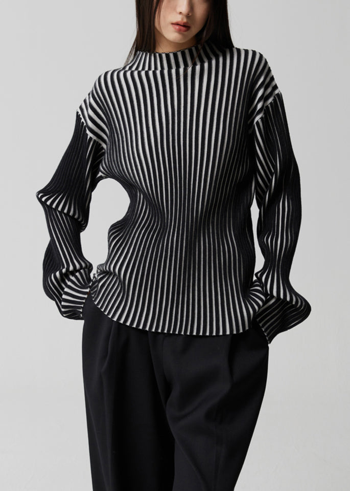 Dame Langermet Strikket Stil Topp med Stativ Krage 1