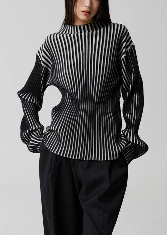 Dame Langermet Strikket Stil Topp med Stativ Krage 1