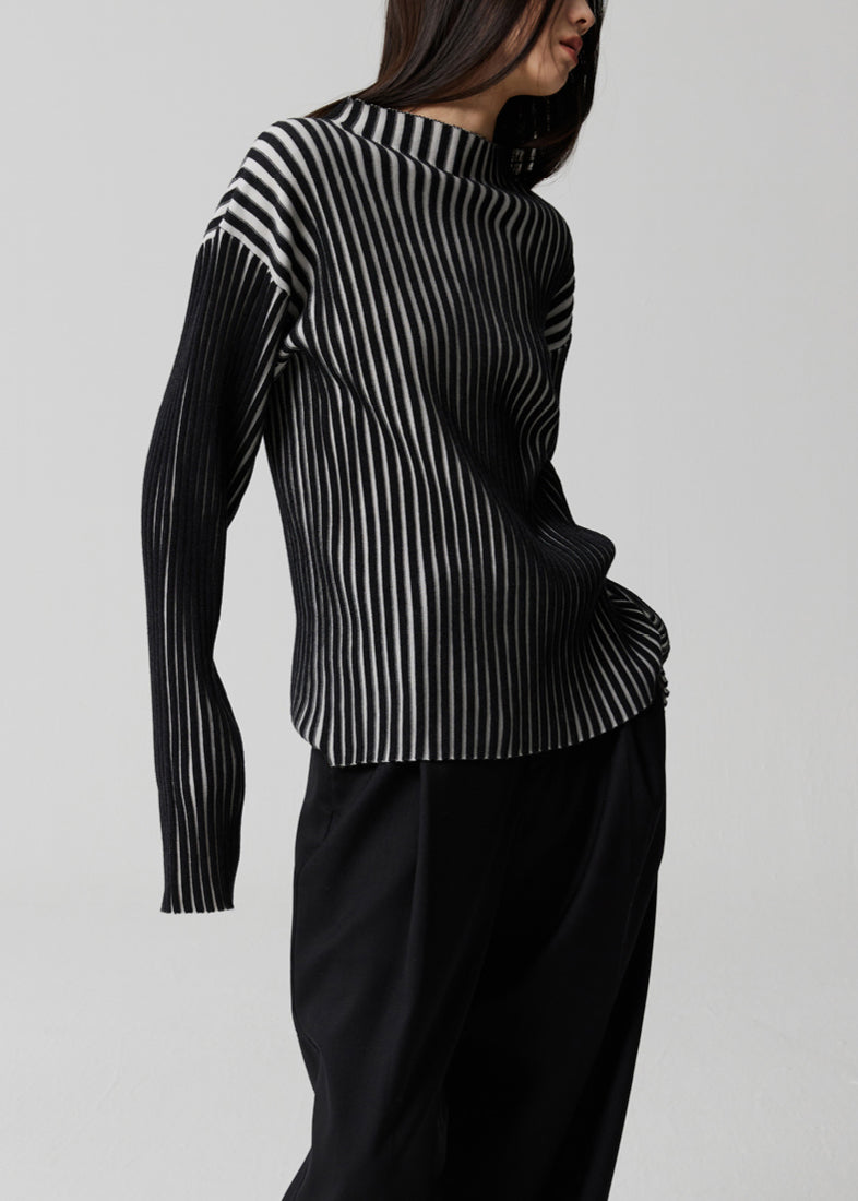 Dame Langermet Strikket Stil Topp med Stativ Krage 4