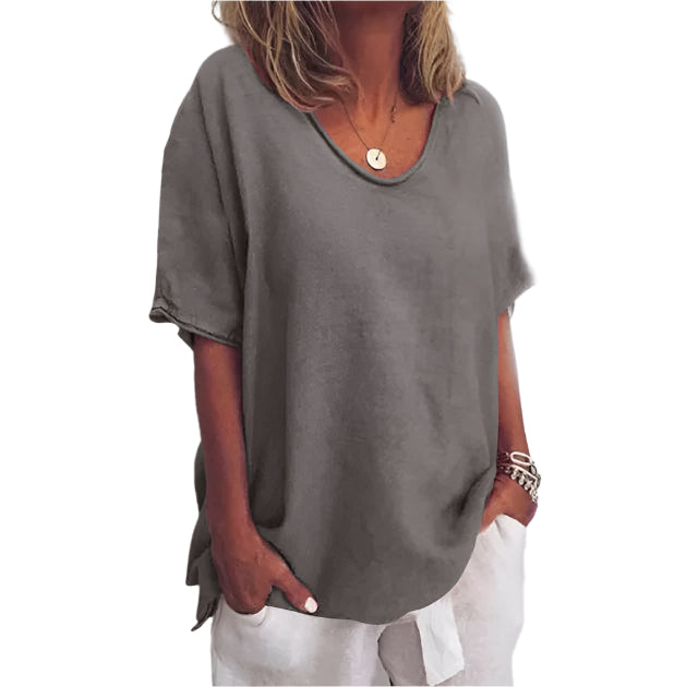 Dame Lette Bluse V-hals Korte Ermer Pustende Materiale 0
