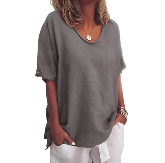 Dame Lette Bluse V-hals Korte Ermer Pustende Materiale 0