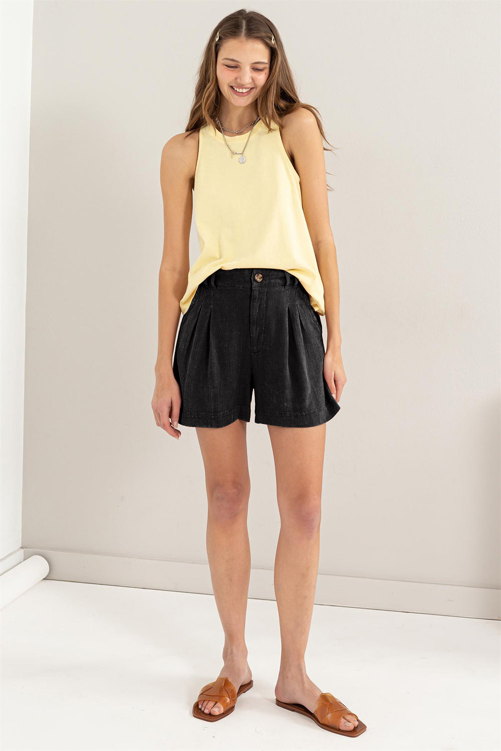 Dame Linshorts Høy Midje med Folder i Rayon og Lin 3