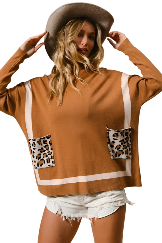 Dame Mock Neck Genser med Leopardlomme Nylon Rayon 0