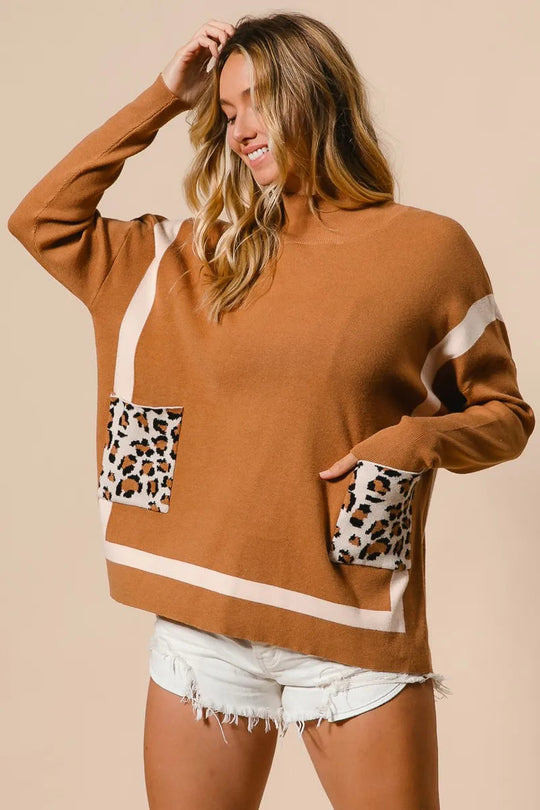 Dame Mock Neck Genser med Leopardlomme Nylon Rayon 1