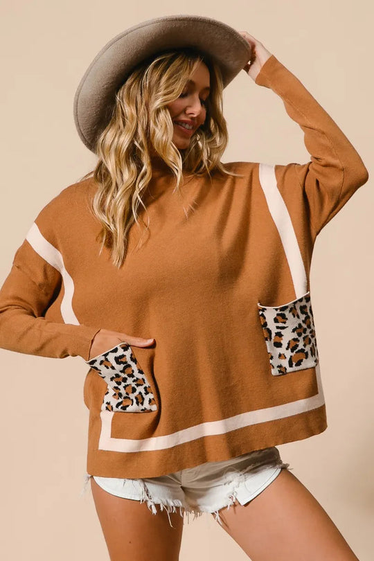 Dame Mock Neck Genser med Leopardlomme Nylon Rayon 4