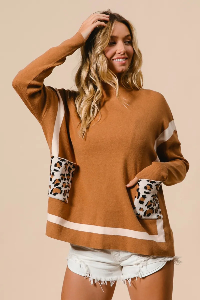 Dame Mock Neck Genser med Leopardlomme Nylon Rayon 5